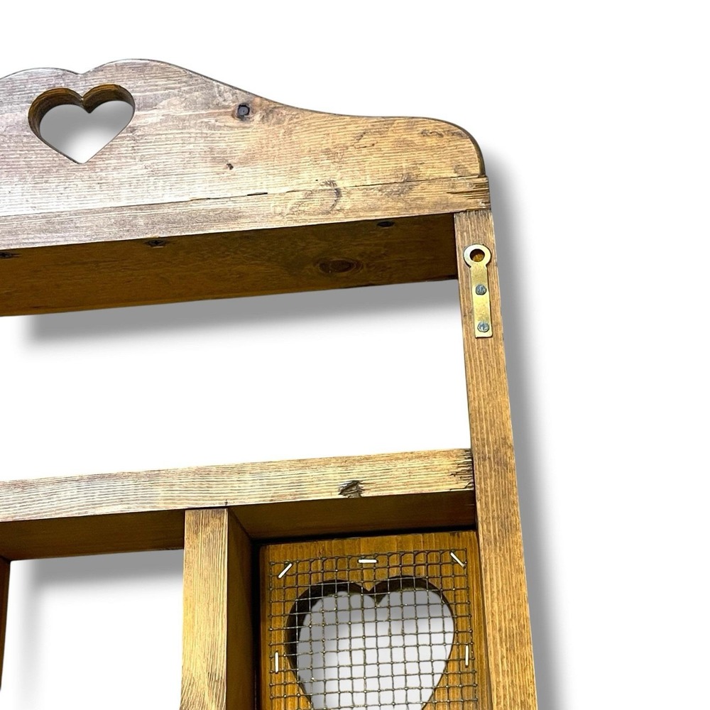 Cottagecore Rustic Primitive Wooden Heart Wall Cabinet Shelf Chicken Wire Doors - Picture 13 of 16